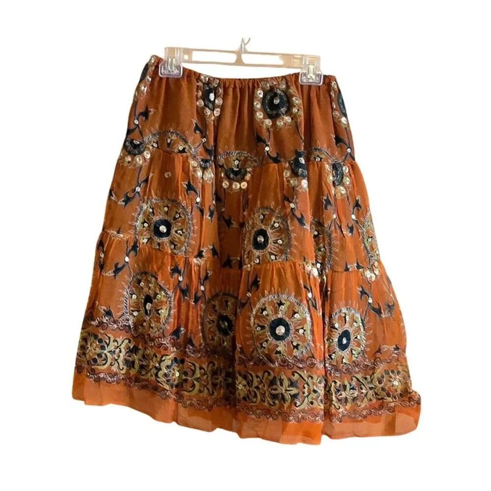 Embroidered Vintage Skirt Sequin Accents Elastic Waist Made In USA art to wear